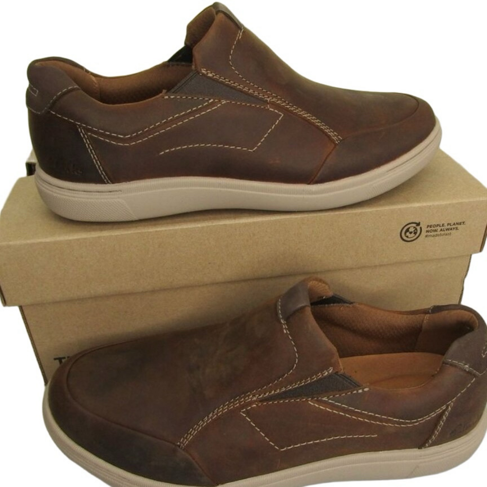 Clarks Men’s Mapstone Step Casual Slip-On Shoes – Brown Leather – Size 9.5W